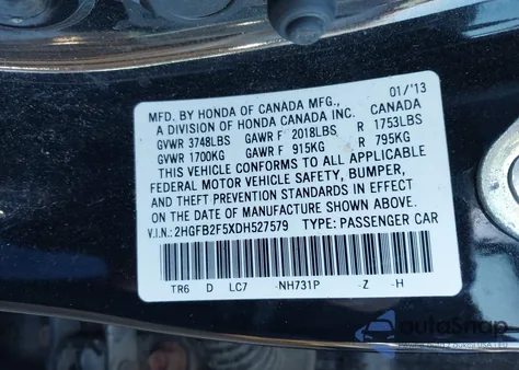 2013 Honda Civic Lx из США, поврежденный, VIN 2HGFB2F5XDH527579